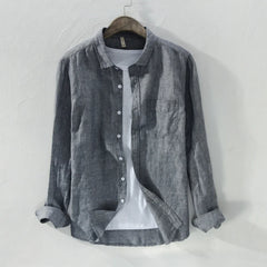 Threebooy  Mens Cotton Linen Shirt Breathable Casual Solid Colors Loose Turn-down Collar Long Sleeve Button Down Blouse Tops Shirts For Man