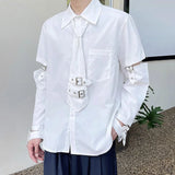 Threebooy Mens Y2k Spliced Casual Long-Sleeved Shirt 2024 New Genderless Functional Personality Solid Color Loose Hand Strap Top Unisex