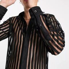 Threebooy Mens See-Through Sexy Shirt Genderless Nightclub Print Loose Casual Striped Mesh Fashion Trendy Long-Sleeved Shirt Unisex