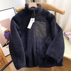 Threebooy Autumn Winter Lambswool Coat Male Loose Windproof Warm Sherpa Stand Collar Polar Fleece Jacket Unisex Simple  Pocket Spliced Top