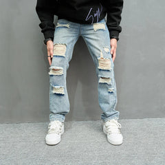 Threebooy New Simple Men Loose Ripped Straight Jeans Pants Male Streetwear Stylish Casual Denim Trousers