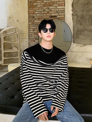 Threebooy Wide Streetwear Open Shoulder Zipper Fake Two Pieces Stripe Long Sleeve Top Men's Loose Long Sleeved T-shirt Spring