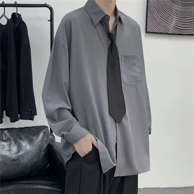 Threebooy  Solid Color Shirt with Tie Spring Autumn New Style Hong Kong Style Retro Versatile Long Sleeve Men's Loose Casual Top Trend