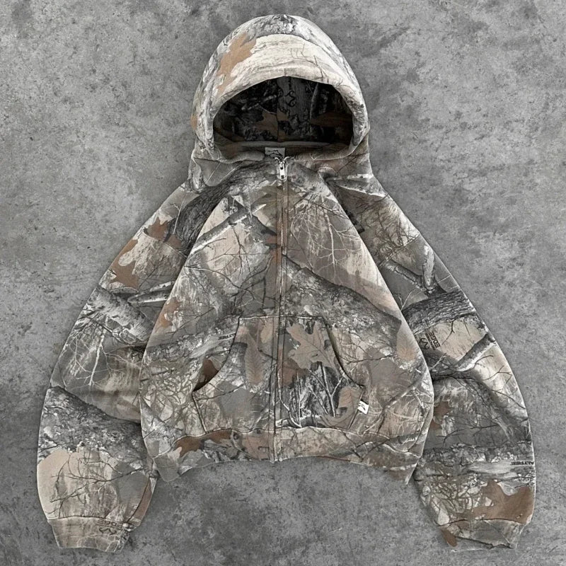 Threebooy  Y2K Retro Zip Up Hoodie Men Camouflage Pattern Zipper Sweatshirt High Street Hip Hop Streetwear Oversized Unisex Camo Hoodie