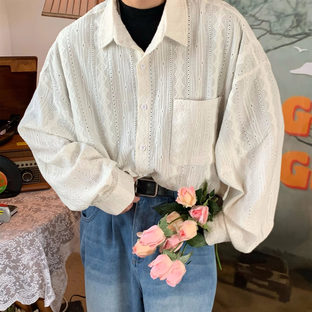Threebooy French Retro Hollow Long-sleeved Shirt Men Women Korean Style Lazy Style High-end Niche Design Casual Loose Shirt Aesthetic