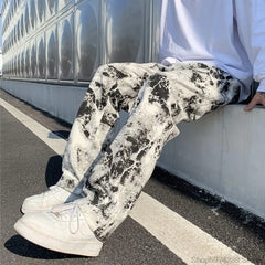 Threebooy Mens Jean Fashion Printed jeans Spring Mopping Trousers Jeans Korean Style High Street Loose Hip Hop Wide-leg Jean Pants