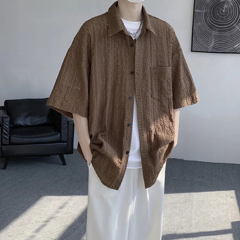 Threebooy  Summer Short Sleeved Shirt Men Casual White Shirt Men Streetwear Hip-hop Loose Hollow Shirt Mens Hawaiian Shirt Plus Size 5XL