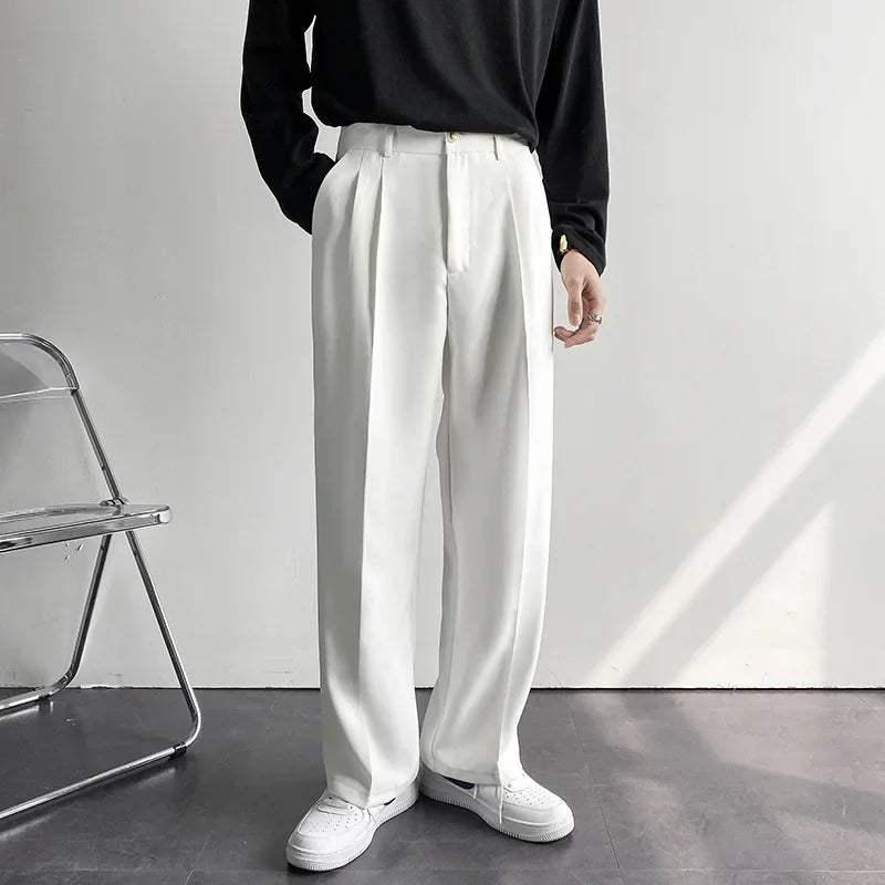 Threebooy  2025 New Men Straight Pants Fashion Korean Loose Suit Trousers Casual Draped Baggy White Wide Pant Male Streetwear