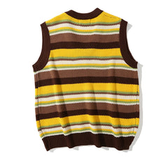 Threebooy Striped Vintage Sweater Vest Men's Knitted Sleeveless Men Sweaters Retro V-neck Pullover Japanese Streetwear Harajuku