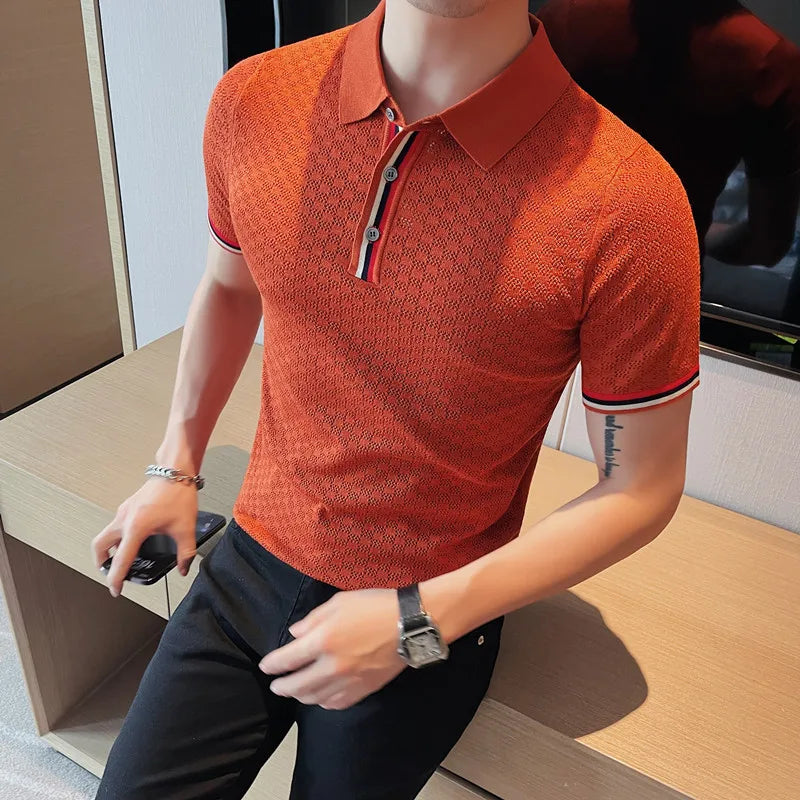 Threebooy Men's Summer Casual Short Sleeves Knitting Polo Shirts/Male Slim Fit High Quality Fashion Hollow Breathable Casual Polo Shirts