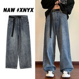 Threebooy  Autumn New Blue Solid Simple Jeans With Belt Male Casual Mopping Denim Pants Men Oversized Zipper Wide Leg Jean Pants