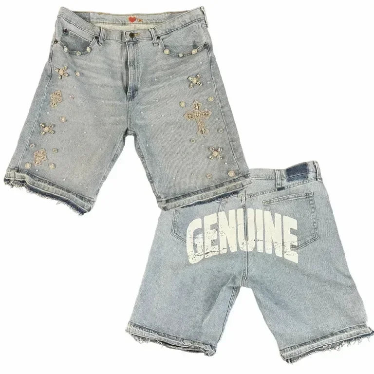 Threebooy Y2k Pants Hip Hop Retro Letter Print Washed Men Shorts Loose Casual Sports Denim Shorts Gothic New Short Sweatpants Streetwear