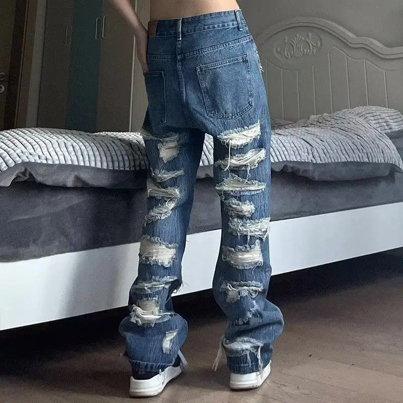 Threebooy American Style Broken Hole Old Jeans Loose Hundred New Pants Men's Streetwear Baggy Jeans  Y2k Jeans Ripped Jeans Men Pants