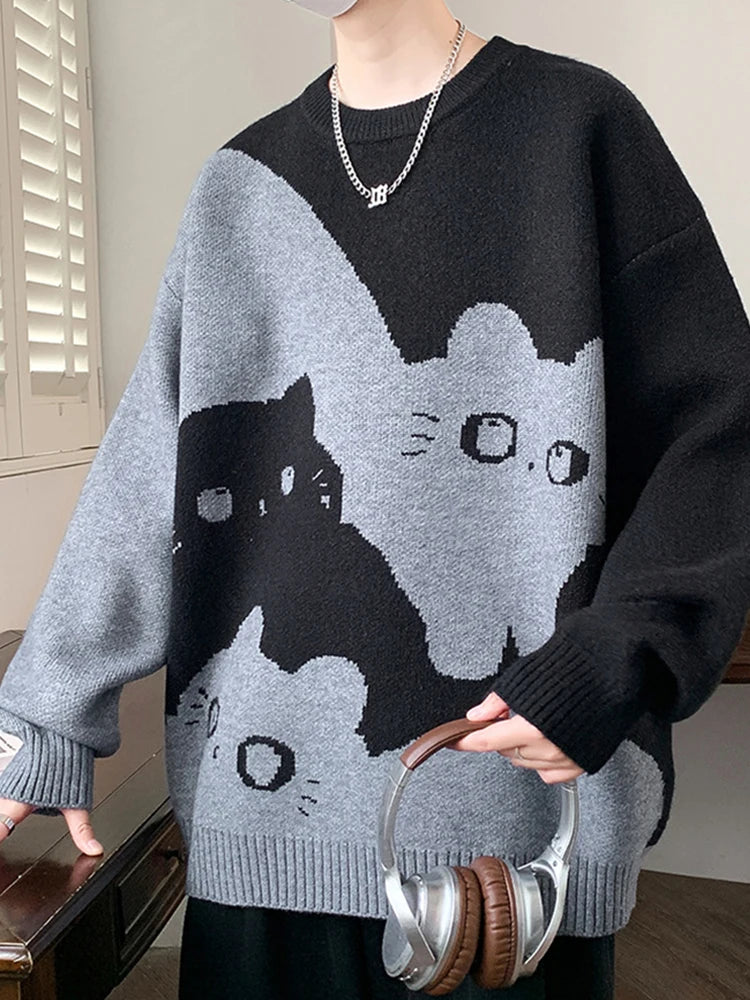 Threebooy  Winter Men's Anime Cat Jacquard Crewneck Knitted Sweaters Hip Hop Fashion Graphic Printed Y2K Jumpers Streetwear Knit Pullovers