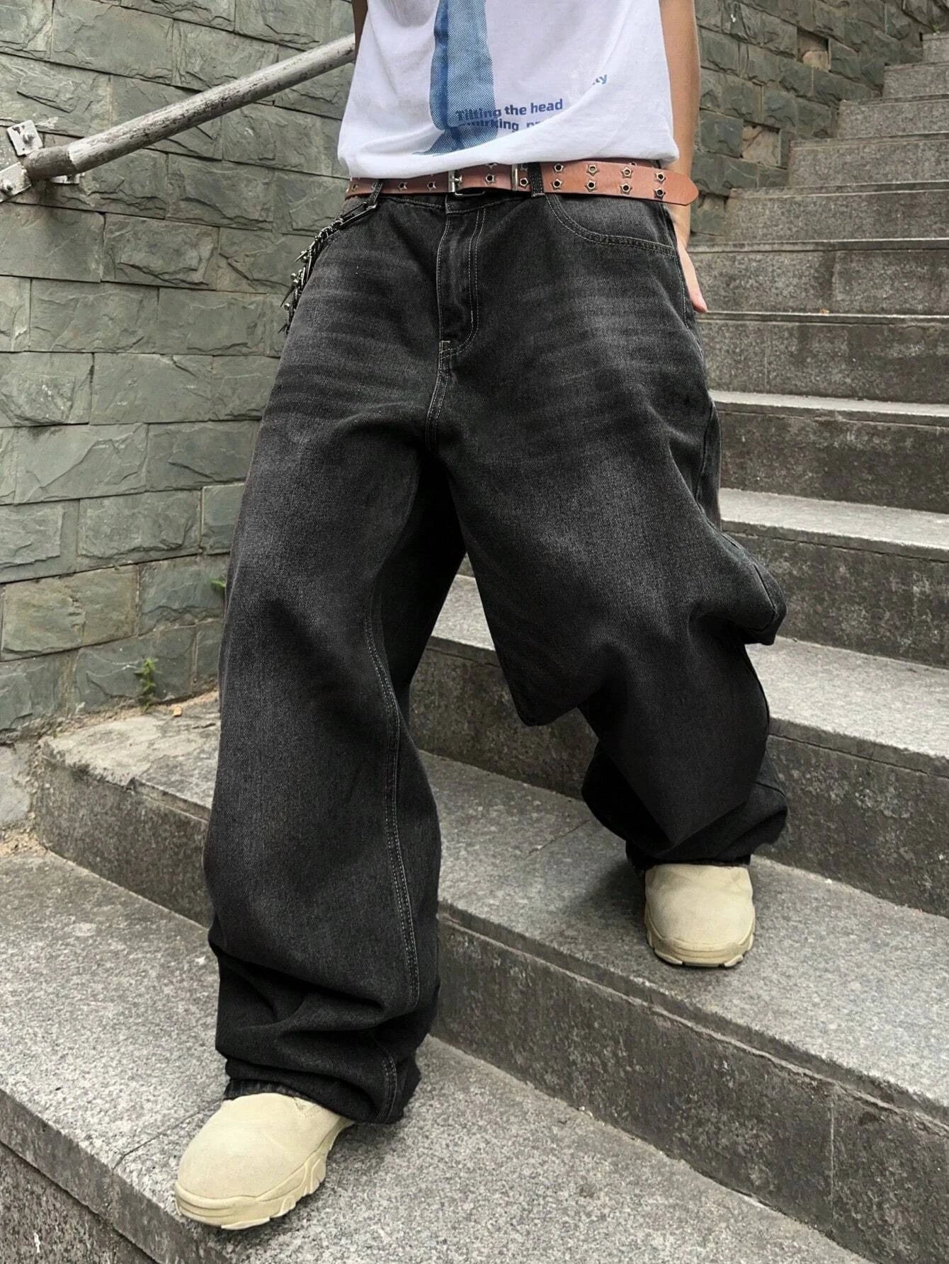 Threebooy  1Pc Men's Daily Travel Casual American Street Loose Jeans, Black, Light Blue, Sea Blue Fashion Street Style Retro Lantern Jeans Jeans Denim Pants