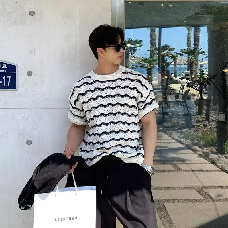 Threebooy  2025 Summer Men's Knit Jacquard Short Sleeve T-shirts Striped Hollow Out Casual Tshirts New Y2K Vintage Streetwear Tee Tops