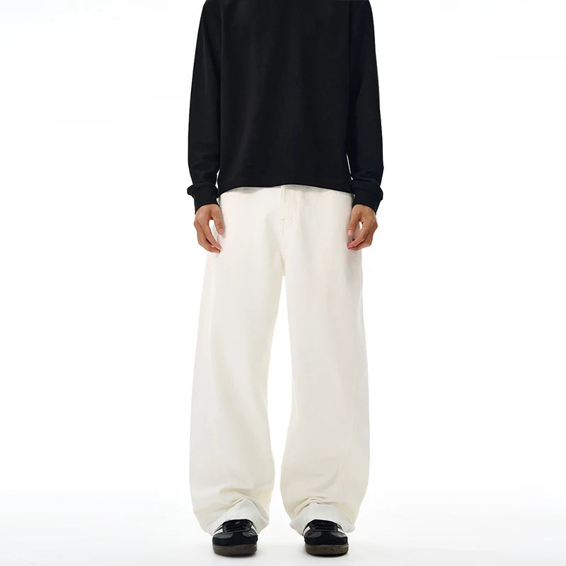 Threebooy 100% Pure Cotton Wide-leg Pants Men's Autumn New Oversized Comfortable Loose Casual Trousers Brown White Fashion Streetwear