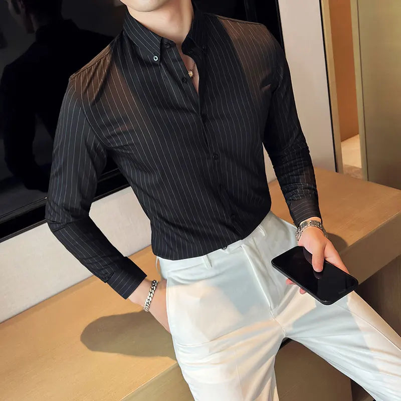 Threebooy  Plus Size S-3XL Korean Long Sleeve Striped Shirts Men Clothing Simple Slim Fit Business Casual Office Blouse Homme Hot Sale