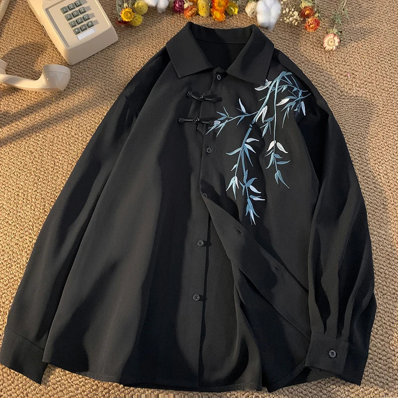 Threebooy Plus Size 5XL-M Fashion Button Embroidered Ethnic Style Shirt Long Sleeve Loose Casual Traditional Chinese Clothing for Men