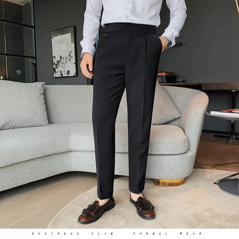 Threebooy British Style Autumn Solid High Quality Dress Pant Men Slim Casual Office Trousers Formal Social Wedding Party Suit Pants