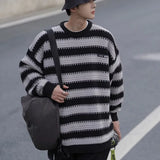 Threebooy Striped Knitted Sweater Coat Men Japanese Oversize Casual Autumn Winter Loose O-neck Pullovers for Man Streetwear Korean