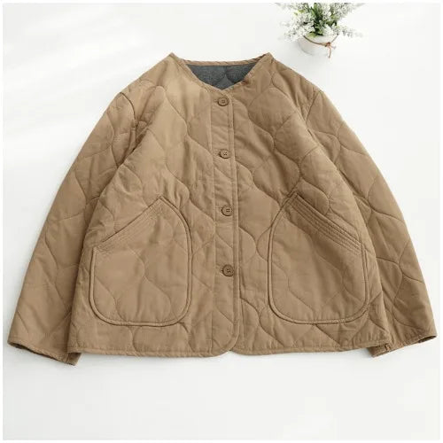 Threebooy Lightweight Long Sleeved Padded Jacket for Men Women Loose Casual Japanese Retro Single Breasted Clip on Cotton Short Parkas