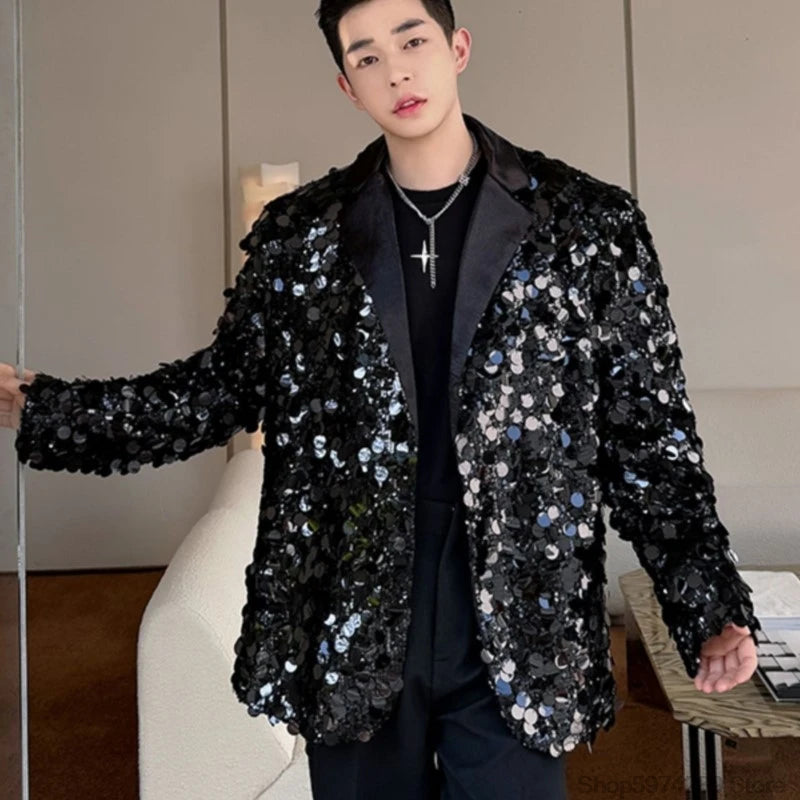 Threebooy Men's Sequins Blazer Glitters Bling Suit Jacket Singer Stage Shiny Clothing Black Silver Oversize Party Suit Coat Man