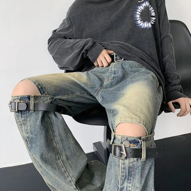 Threebooy Men's Jeans Retro Trousers Knee Holes Splicing High Street Loose Denim Trousers Flared Jeans Straps Cowboy Casual Long Pants