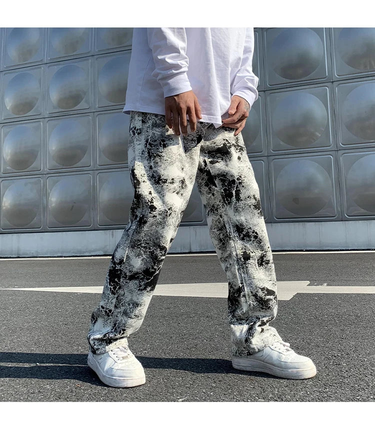 Threebooy Mens Jean Fashion Printed jeans Spring Mopping Trousers Jeans Korean Style High Street Loose Hip Hop Wide-leg Jean Pants