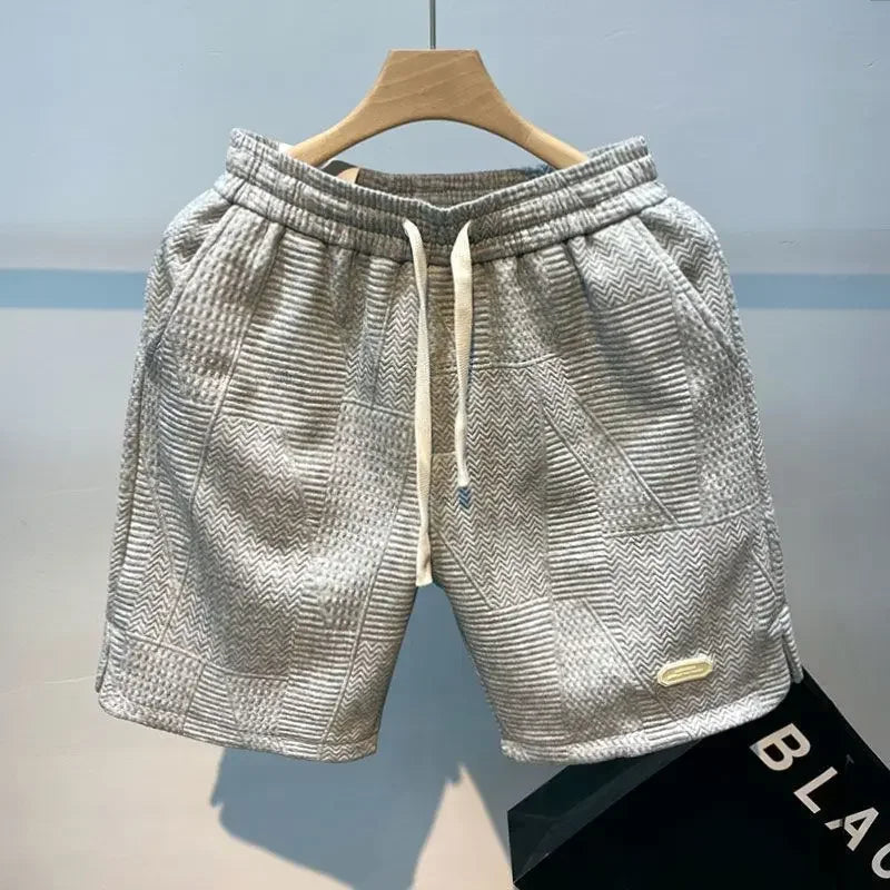 Threebooy  Men's shorts, information sports shorts with wave patterns, solid with rope, loose and dry, gym, summer