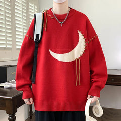 Threebooy  Winter Moon Graphic Jacquard Christmas Sweaters For Man High Street Fashion Crewneck Pullovers Retro Elegant Y2K Knitwear