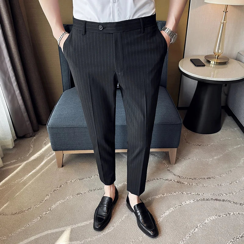 Threebooy Men Suit Pants Hombre Pantalones Autumn New Stretch Slim Formal Trousers for Men Fashion Casual Stripe Dress Pants Men Clothing