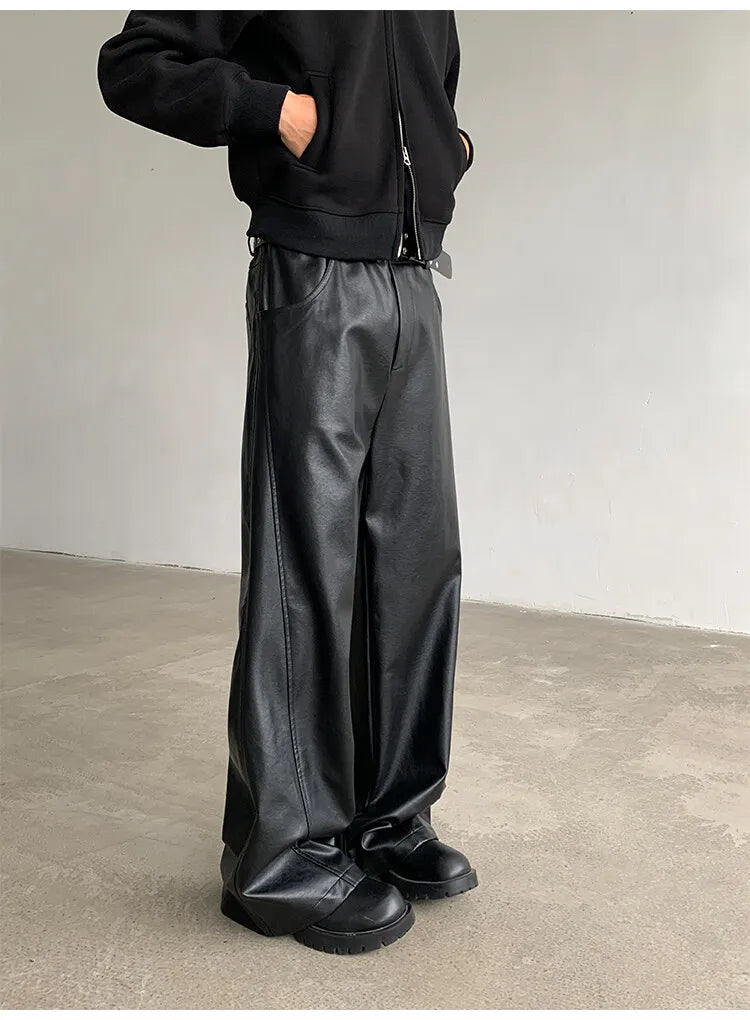 Threebooy PU Leather Pants men Straight Spring Men's Punk Fashion Hip Hip Men Wide-leg Mopping Trousers Windproof Dark Brown/Black