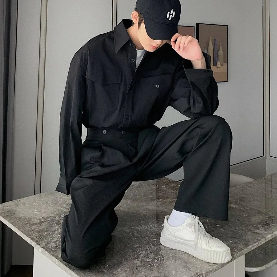 Threebooy Men's Shirt Pants Set High-end Shirt Suit Trendy Spring Handsome Long-sleeved Top Loose Straight Trousers Two-piece Set