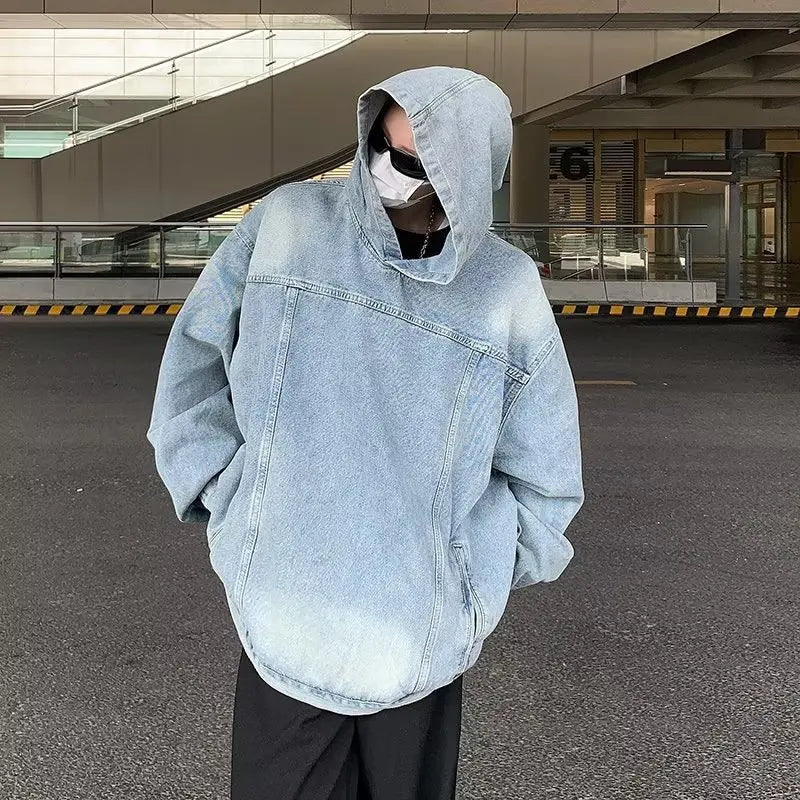 Threebooy  Men Vintage Denim Hoodies Women Harajuku Hip Hop Casual Oversized Sweatshirts Fashion Loose Long Sleeve Pullover Coat
