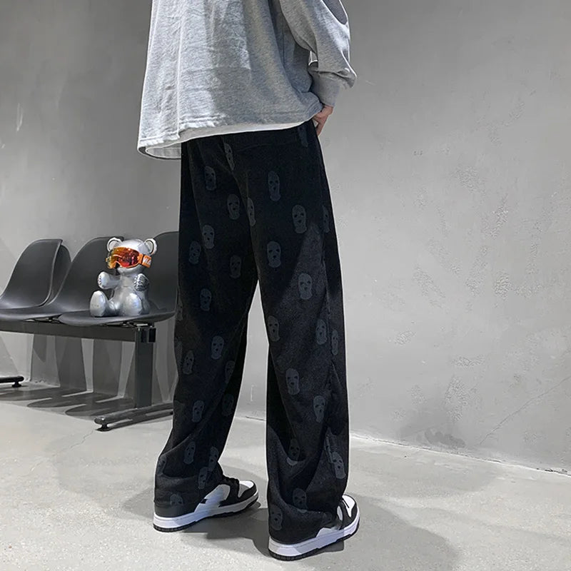 Threebooy Baggy Corduroy Men Wide Pants Spring Fashion Design Print Trousers Hiphop Straight Sweatpants Oversized Bottoms Man Y2k Clothes