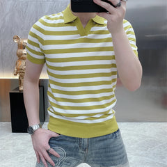 Threebooy  Summer Striped Knitted Polo T-shirts Men Short Sleeve Casual Business Lapel Tshirt Slim Fit Ice Silk Breathable Knitwear