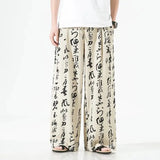 Threebooy Men Chinese Style Printed Characters Wide Leg Pants Summer Fashion Sports Baggy Tide Trousers Darkwear Letter Streetwear Unisex