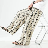 Threebooy Men Chinese Style Printed Characters Wide Leg Pants Summer Fashion Sports Baggy Tide Trousers Darkwear Letter Streetwear Unisex