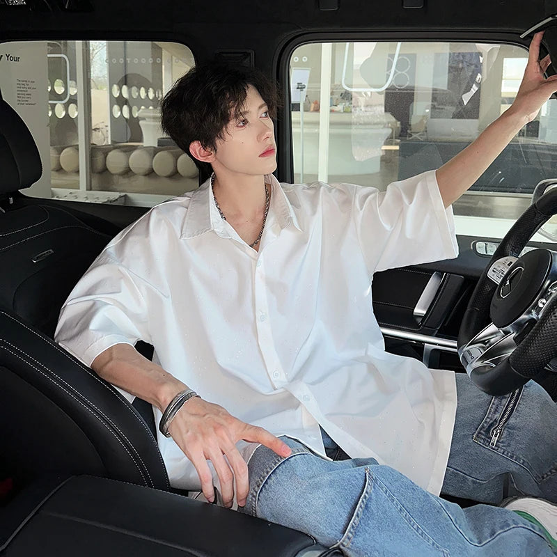 Threebooy Streetwear Men's Glitter Shirts Summer Short Sleeve Oversized Chic All-match Shirt Men Women Korean Daily Loose Tops Black/White