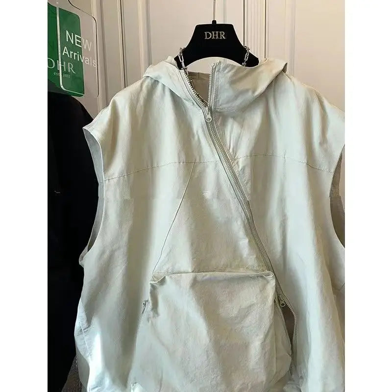 Threebooy  Design-sleeved Hooded Vest Sweatshirt for Men Women 2025 Loose Retro Casual Sports Jacket Asymmetrical Zippered Large Pocket Top