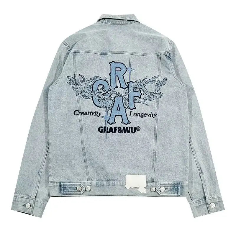 Threebooy  Heavy Washing Old Denim Jacket Retro Maple Leaf Letter Print Coat Autumn Winter Denim Jacket Men's Couple's Button Lapel Jacket