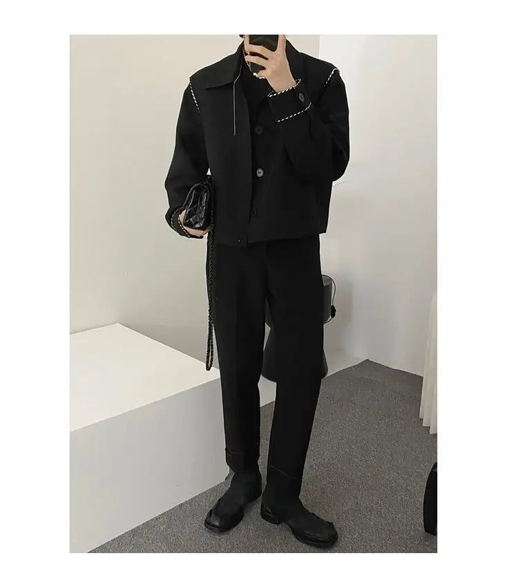 Threebooy Fashion Black Stitching Jacket Men's Buttons Spring Autumn New Loose Turndown Collar Single-breasted Long Sleeves Tops Jackets