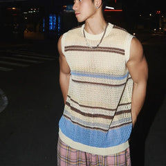 Threebooy  Stripe Contrasting Colors Hollowing Out Knitting Vest Men Casual Tops Loose Summer Niche Handsome Sleeveless All-match Vest