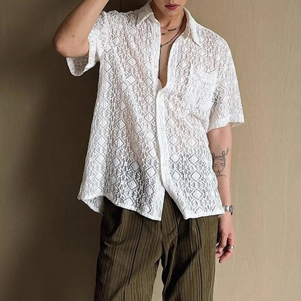 Threebooy Mens Shirt Lace See-Through Transparent Geometric Shirt Summer Beach Vacation Hawaiian Slim Short Sleeve Top Men'S Clothing