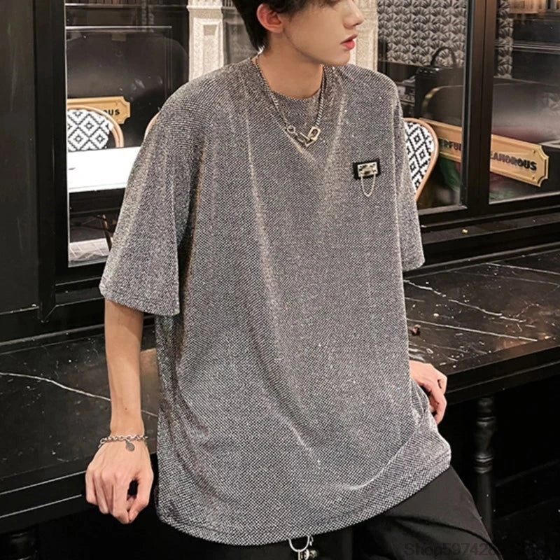 Threebooy New Summer Stylish Bright TShirt Men Tops Shiny Loose Short Sleeve T-shirt High Street Aesthetic Harajuku Women Tshirt
