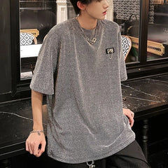 Threebooy New Summer Stylish Bright TShirt Men Tops Shiny Loose Short Sleeve T-shirt High Street Aesthetic Harajuku Women Tshirt