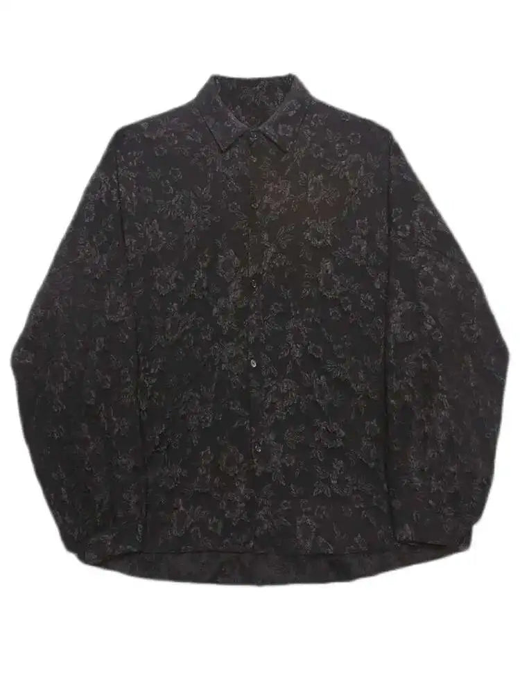 Threebooy  2XL White New Crumpled Jacquard Shirt Loose Fashion Solid Color Casual Turn-down Collar Top New All-match Bat Wing Sleeve P7W