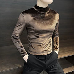 Threebooy  Men's Velvet Long Sleeve T Shirt New Style Autumn Winter Half High Collar Top All Over Star Pattern