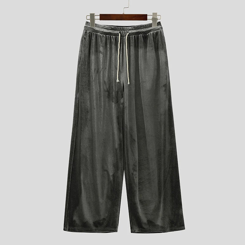 Threebooy  Men Pants Solid Drawstring Joggers Casual Trousers Men Velour Loose Shiny Streetwear Korean Style Fashion Long Pants